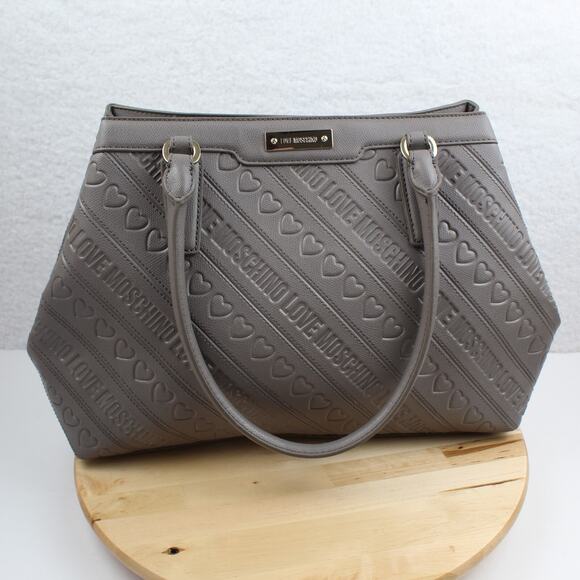 Love Moschino Purse Embossed Logo Heart Tote Gray Red Shoulder Bag Designer